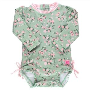 RuffleButts Baby Long Sleeve One Piece Rash Guard Swim Suit Tea Roses Sz 2T